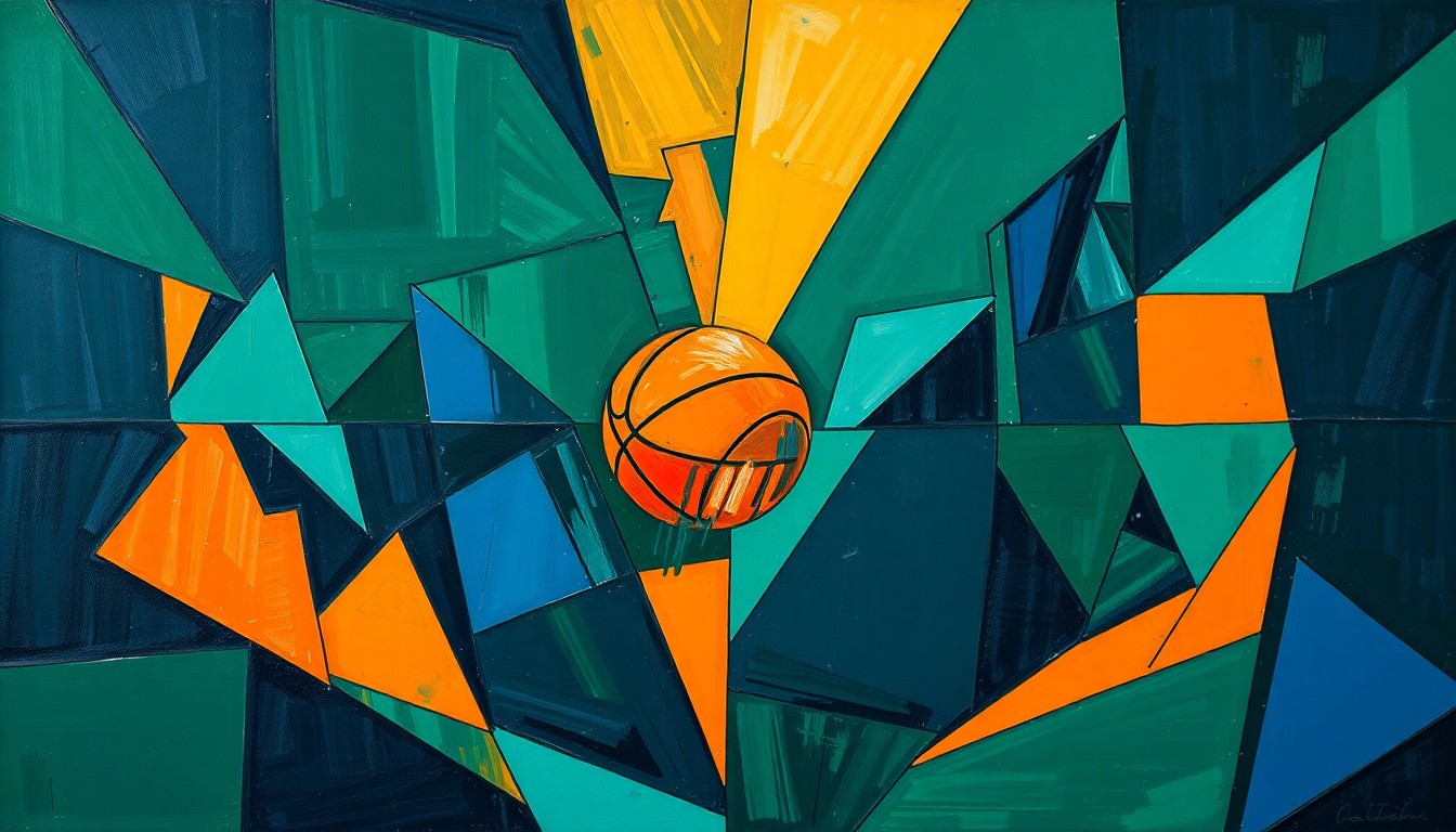 A fragmented, cubist-style painting depicting a basketball game or match, with sharp geometric shapes and planes in deep navy, forest green, and burnt orange colors, conveying the complex dynamics and high-stakes decision facing the Pelicans as they search for their next head coach.