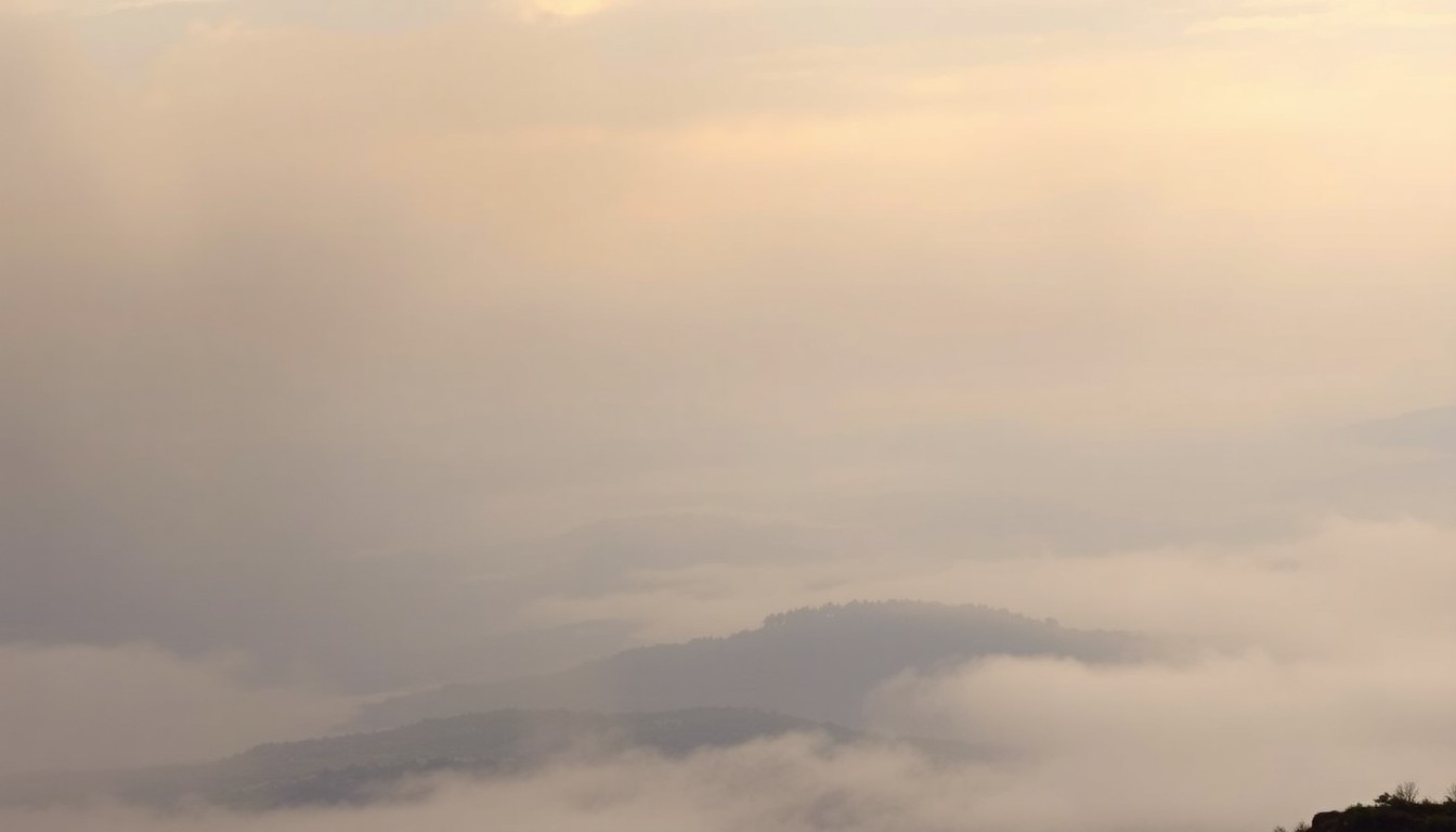 A sweeping, atmospheric landscape painting in muted tones of gray and blue, with the Missouri River basin obscured by heavy fog that dwarfs any visible physical structures, conveying a sense of the overwhelming scale and power of the natural environment.