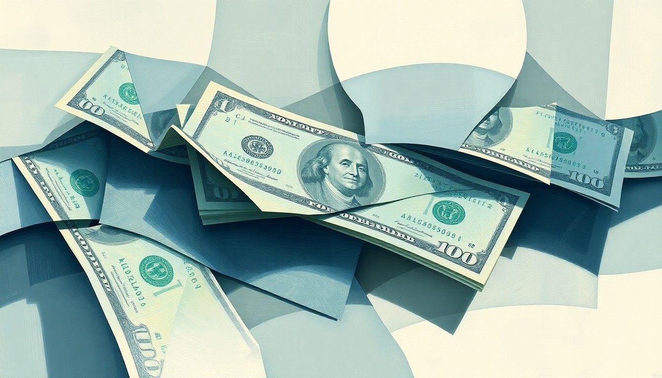 A heavily textured, fragmented painting in shades of blue, green, and grey, depicting an abstract representation of stacked dollar bills, conveying the complex and opaque nature of the Medicaid settlement funds.