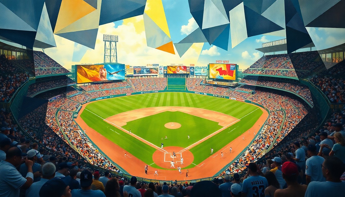 A fractured, multi-perspective painting in a cubist style, breaking down a baseball game into sharp, overlapping geometric shapes and planes of color, capturing the intensity and energy of the game.