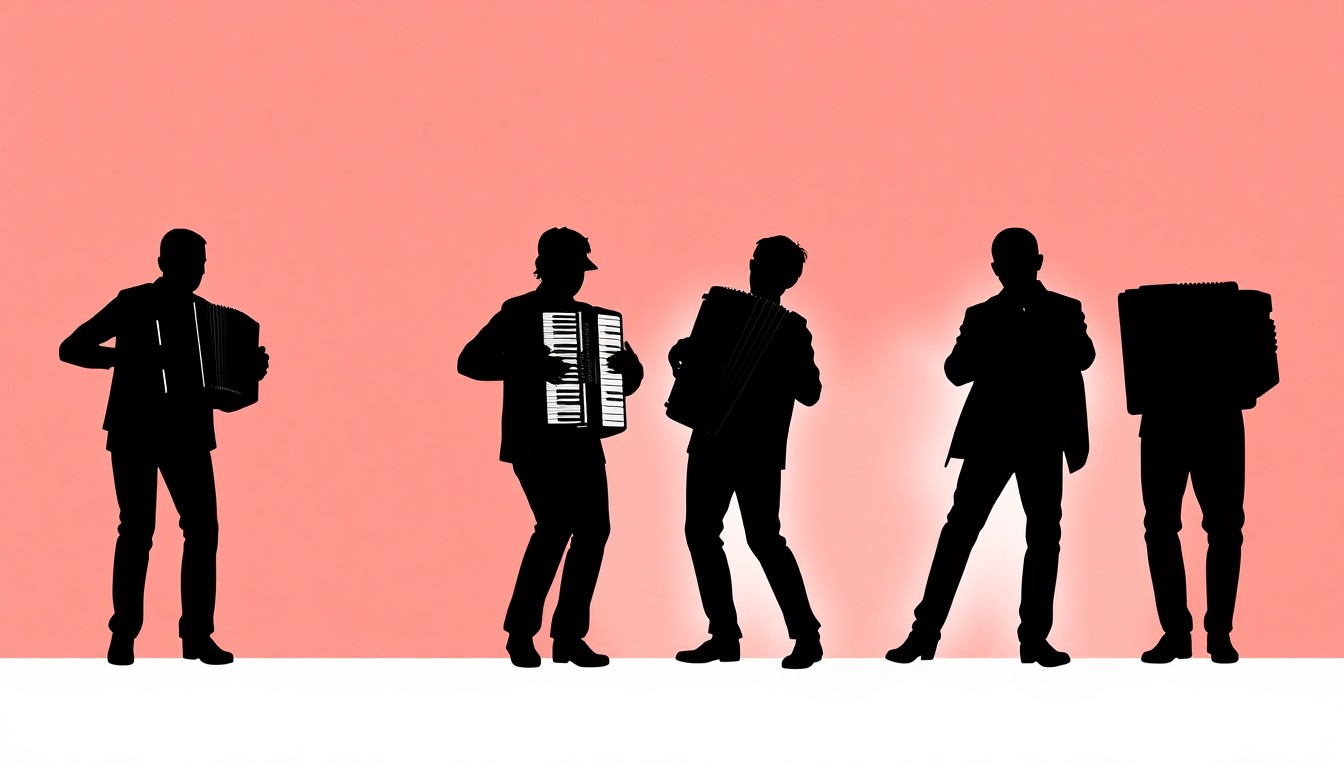A minimalist, abstract illustration featuring black silhouettes of accordion players and instruments against a high-contrast red and white background, conveying the celebratory spirit of the local music festival.