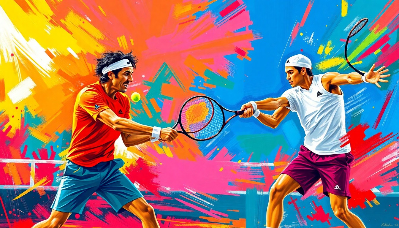 An abstract, energetic painting in neon colors depicting the dynamic movement and intensity of a doubles tennis match, with the players' forms dissolving into expressive brushstrokes.