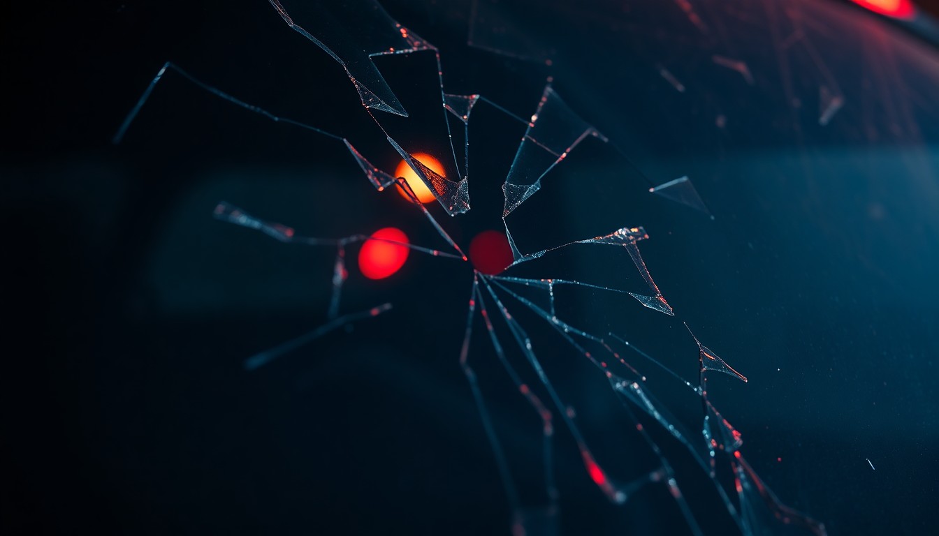 An extreme close-up of shattered car window glass reflecting a faint red light, conceptually representing the tragic aftermath of a school bus collision.