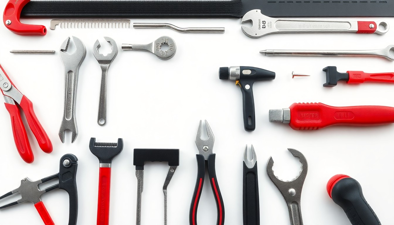 A high-end studio still life photograph featuring an elegant arrangement of polished, geometric hardware tools and supplies in shades of silver, black, and red, conceptually representing the practical, functional nature of the home improvement retail business.