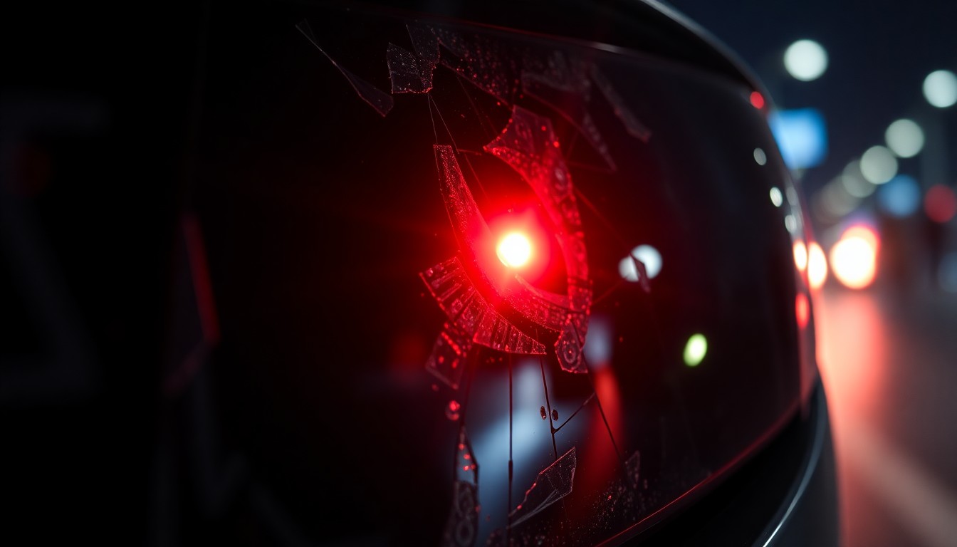 An extreme close-up photograph of a shattered car sensor lens reflecting a faint red light, conceptually representing the aftermath of the vehicular attack on the Lao New Year parade.