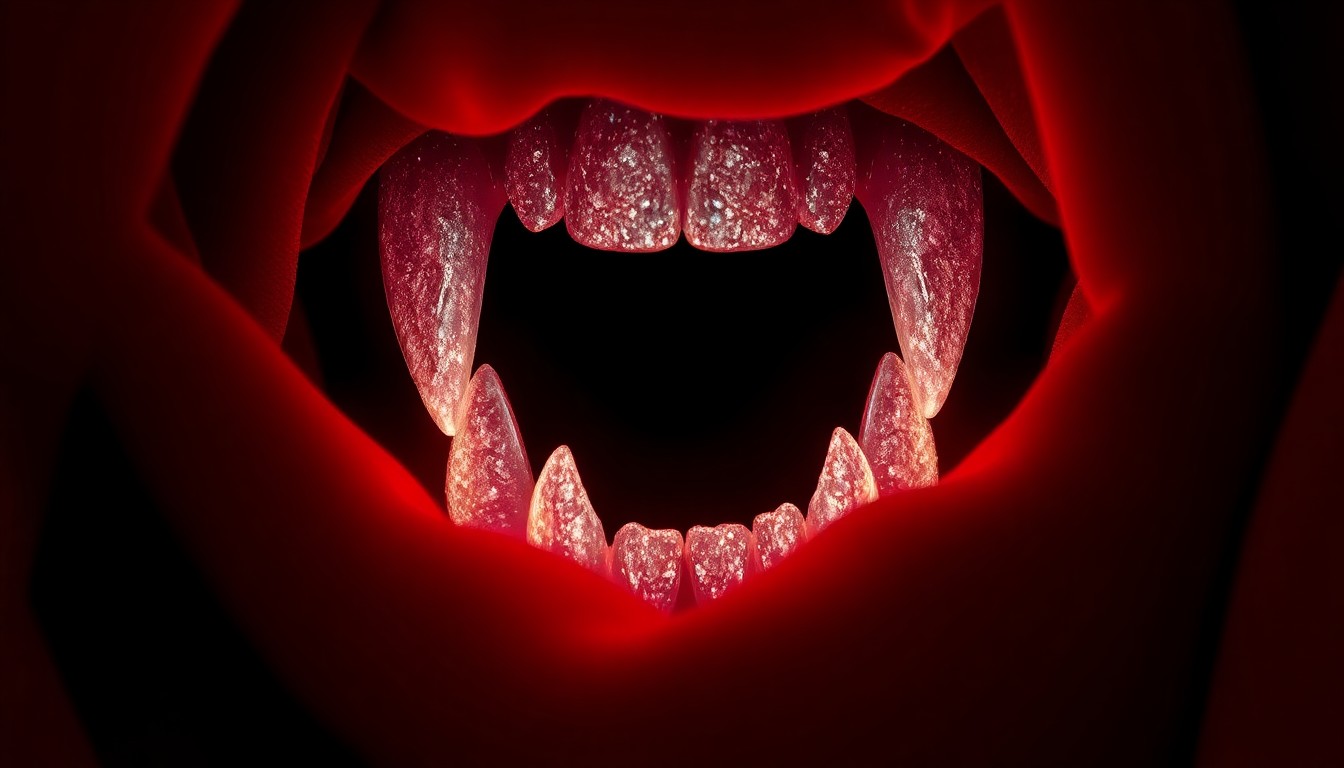 An extreme close-up of a pair of sharp vampire fangs emerging from a rich, velvety red fabric, creating a dramatic, high-contrast image that captures the seductive and luxurious nature of eternal life.