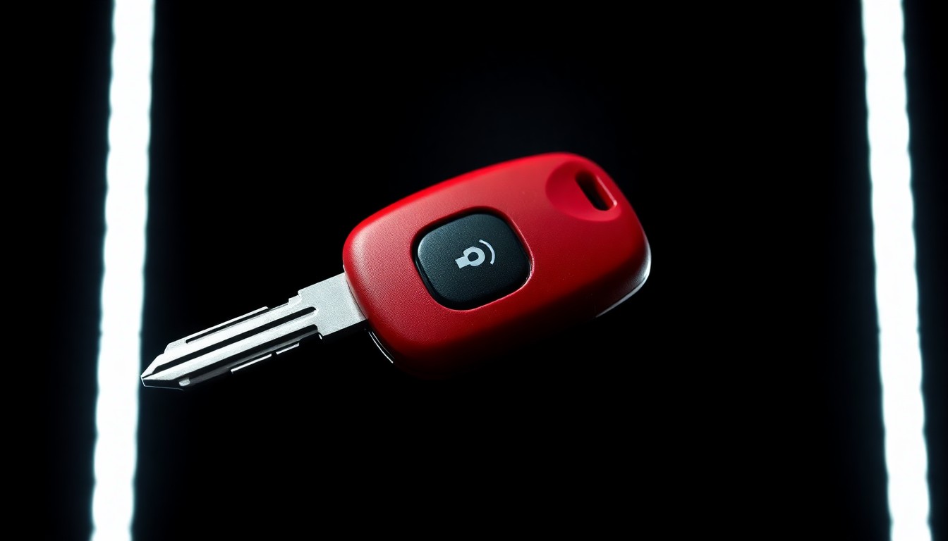 An extreme close-up photograph of a red car key with a black plastic fob, lit by a harsh, direct camera flash against a pitch-black background, conceptually representing the investigation into the missing girl's case.