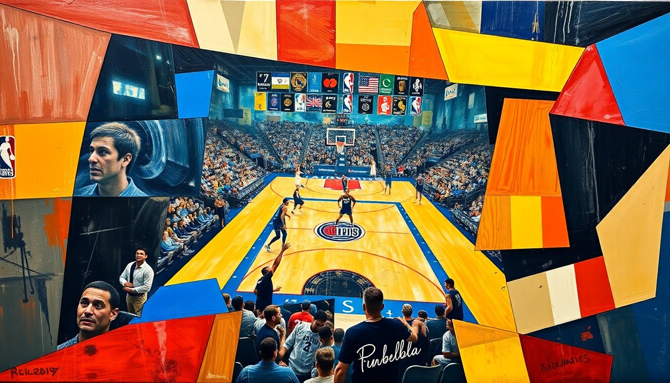 A fragmented, geometric painting depicting a basketball game, with players and the court broken down into sharp, overlapping shapes and planes in a cubist style, conveying the dynamic energy and competitive spirit of the matchup.