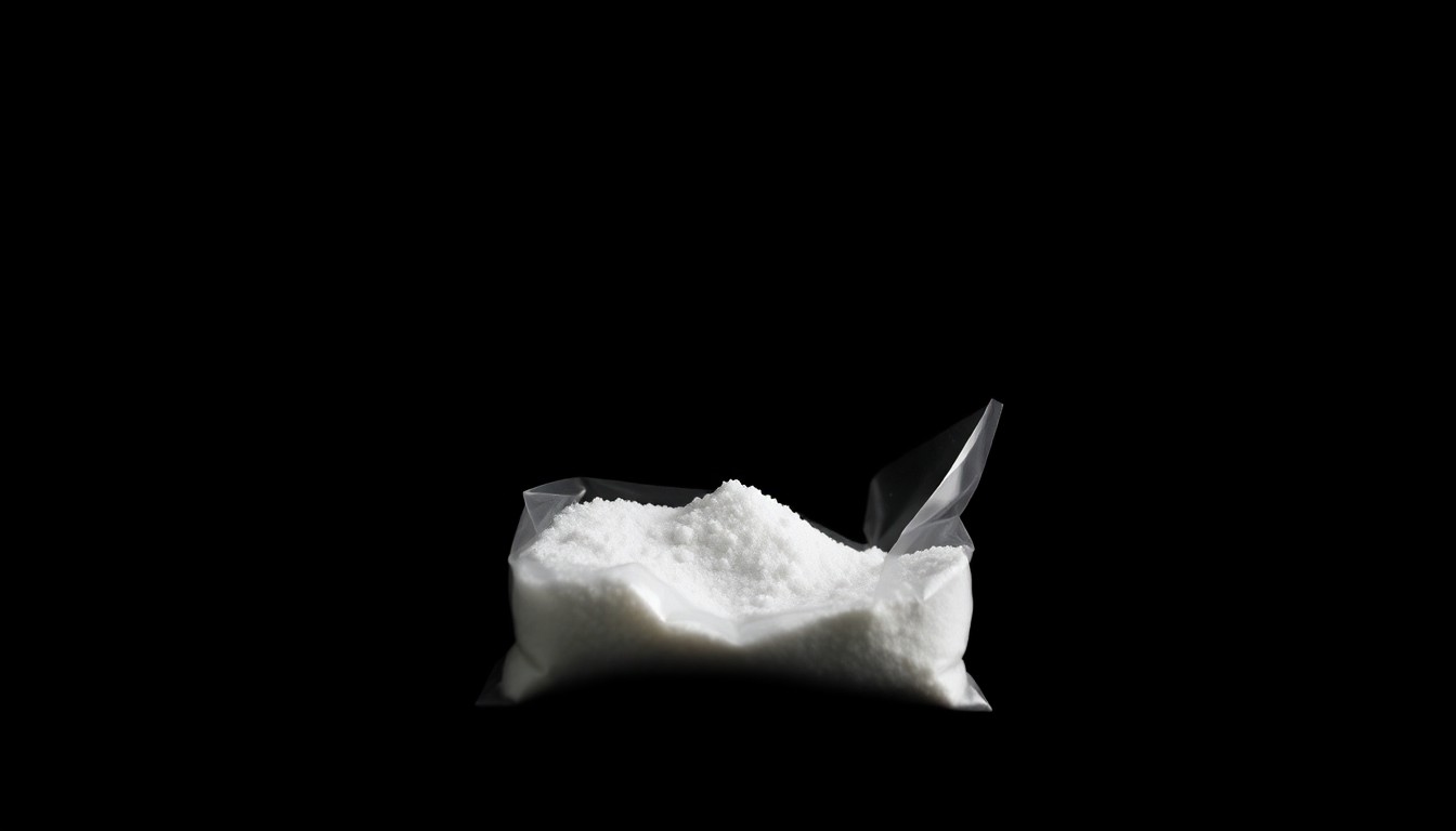 An extreme close-up of a small plastic bag containing a white crystalline substance, dramatically lit by a harsh camera flash against a black background, conceptually representing the drug possession charge in this false crime report case.