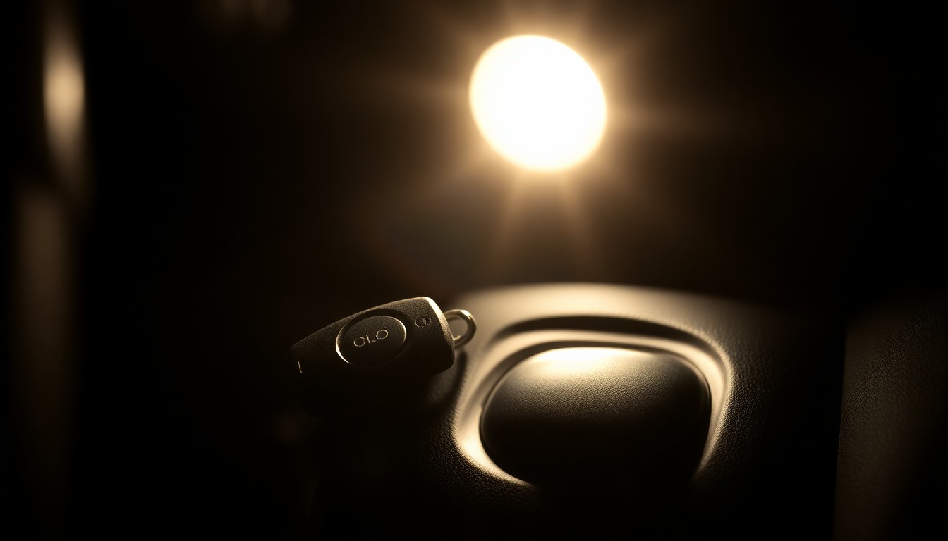 An extreme close-up photograph of a car key and ignition switch, the metal and plastic surfaces sharply illuminated by a harsh, direct camera flash against a pitch-black background, conceptually conveying the serious consequences of drunk driving.