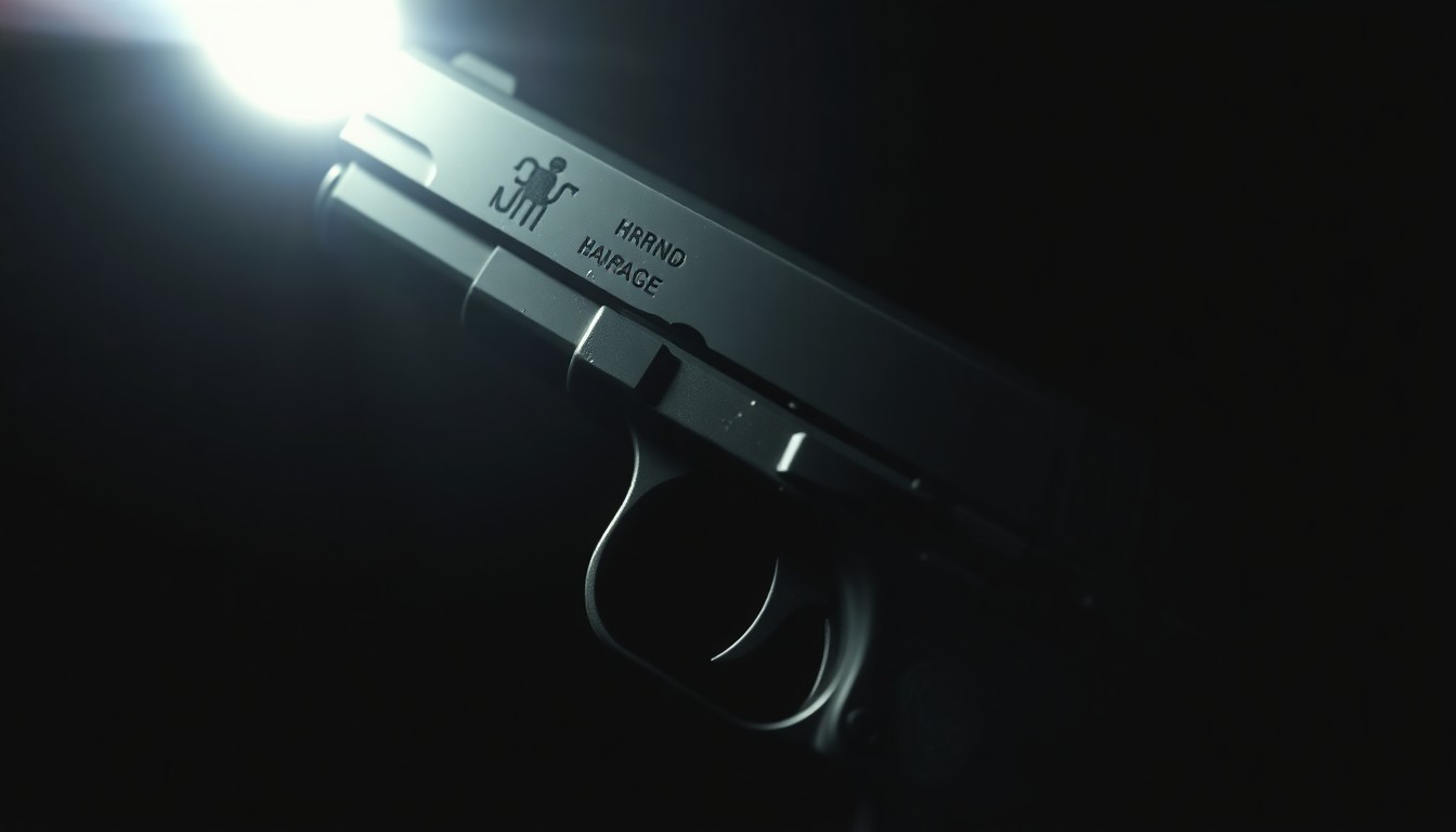 An extreme close-up photograph of a defaced handgun magazine and trigger, lit by a harsh, direct camera flash against a pitch-black background, conveying a stark, gritty, investigative aesthetic.