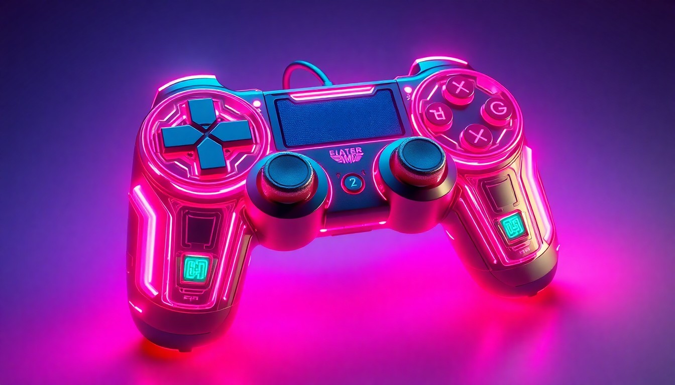 A visually striking, neon-lit 3D illustration of a complex, futuristic game controller, representing the blend of cutting-edge technology and immersive fantasy storytelling in the award-winning RPG Clair Obscur: Expedition 33.