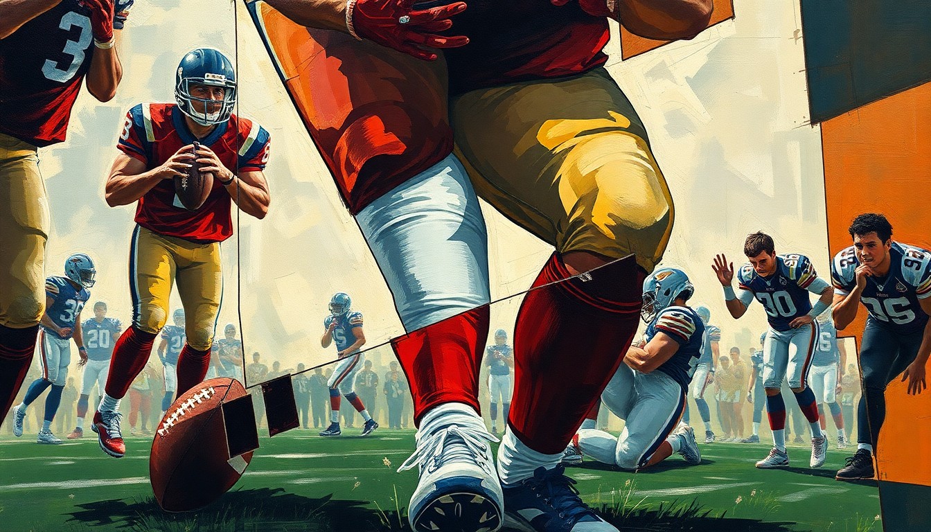 A cubist-style painting depicting a football player's injured leg in sharp, overlapping geometric planes, surrounded by the fragmented reactions of their teammates, conveying the emotional impact of the setback.