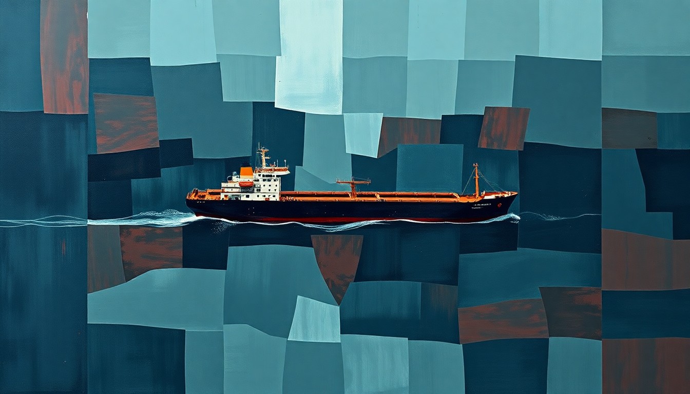 A fractured, abstract painting depicting an oil tanker in the Indian Ocean, with overlapping geometric shapes and waves of dark blues, grays, and deep reds, conveying a sense of tension and high-stakes confrontation.