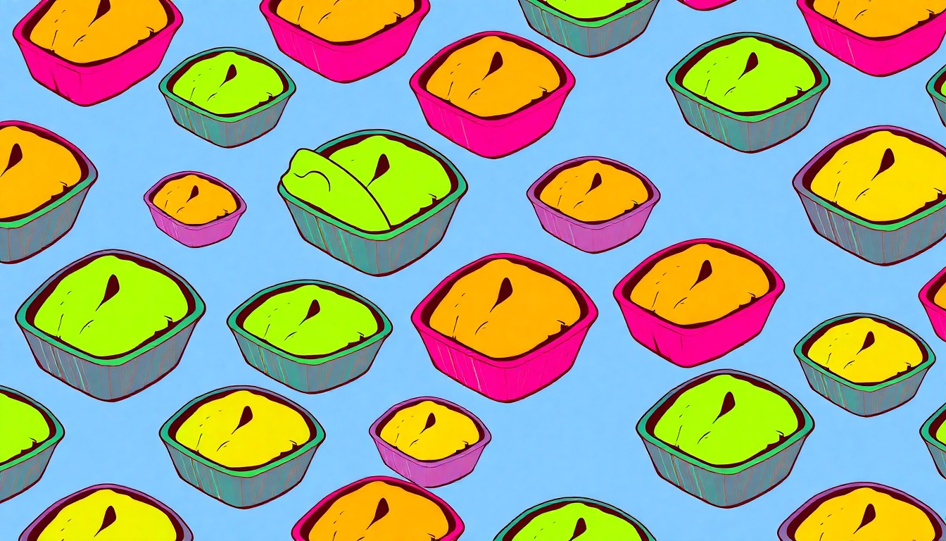 A grid of brightly colored, high-contrast silkscreen prints depicting a single, iconic Thanksgiving side dish object, such as a casserole dish or sweet potato, repeated in a stylized, abstract pattern reminiscent of Andy Warhol's pop art, conveying the celebratory and comforting nature of these Southern-inspired recipes.