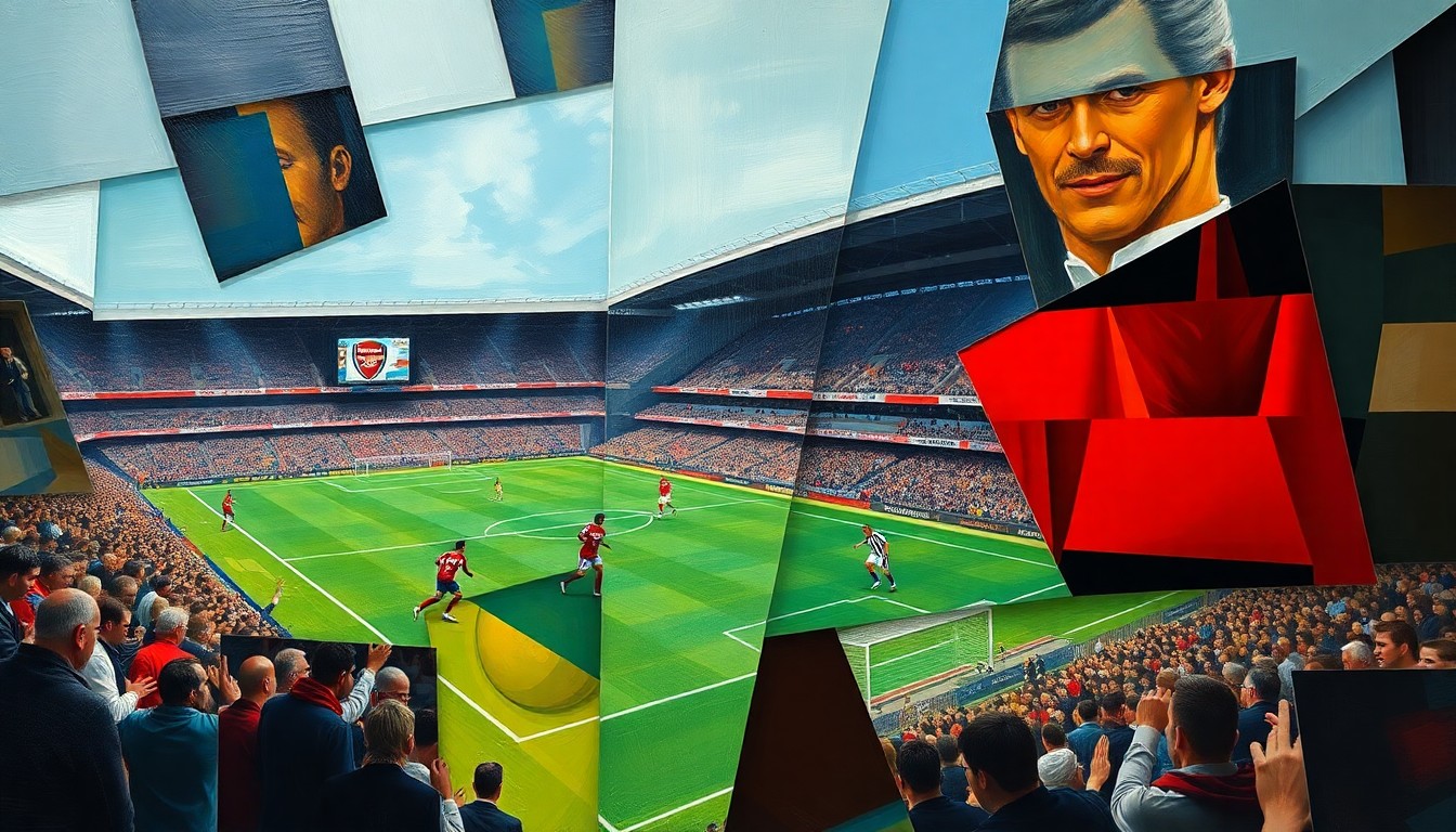 A cubist, geometric painting depicting the action of a soccer match, with players and the field broken down into sharp, overlapping shapes and planes of color, capturing the dynamic energy of the game.