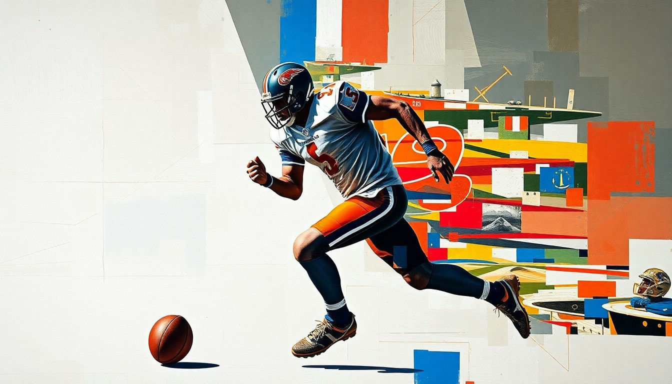A fractured, multi-perspective painting depicting a football player's movements and routes broken down into sharp, overlapping geometric planes, with only the player's silhouette and the ball visible.
