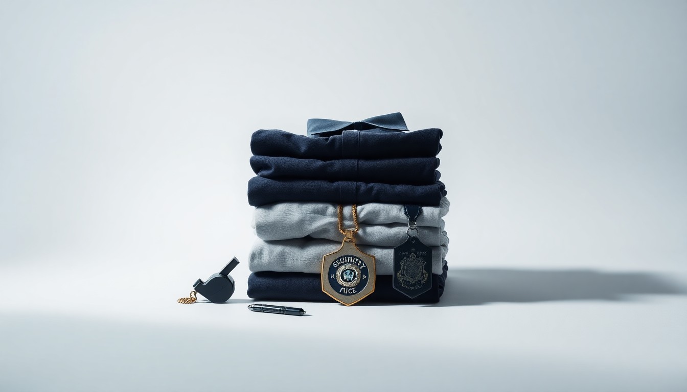 A minimalist studio photograph featuring a stack of security guard uniforms, a whistle, and a security badge arranged on a clean, monochromatic background, conceptually representing the labor rights issues at the heart of the Baltimore security officer strike.