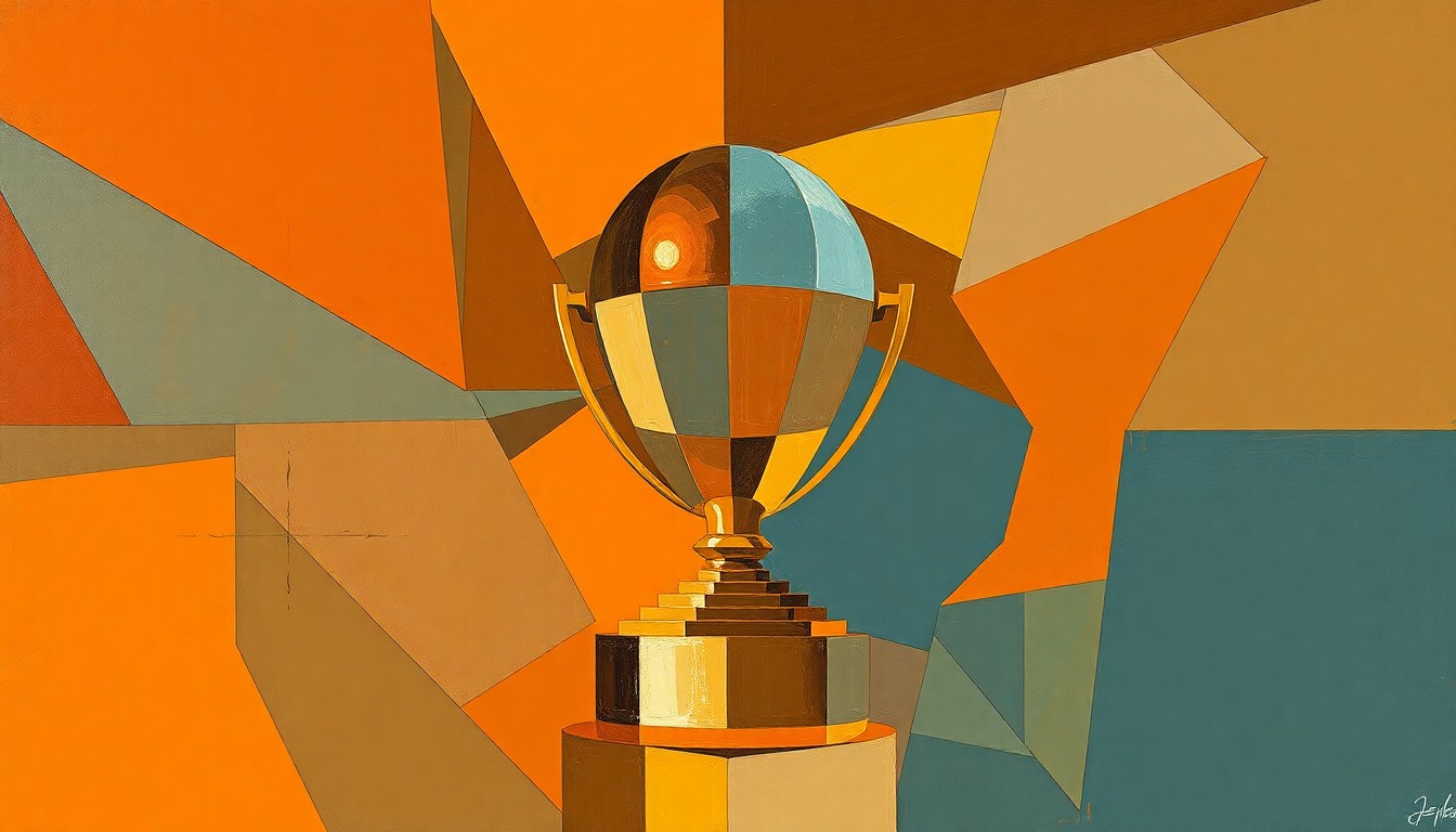 A cubist-style painting featuring sharp, overlapping geometric planes in shades of orange, bronze, and blue, deconstructing the iconic Heisman Trophy into an abstract, fragmented representation.