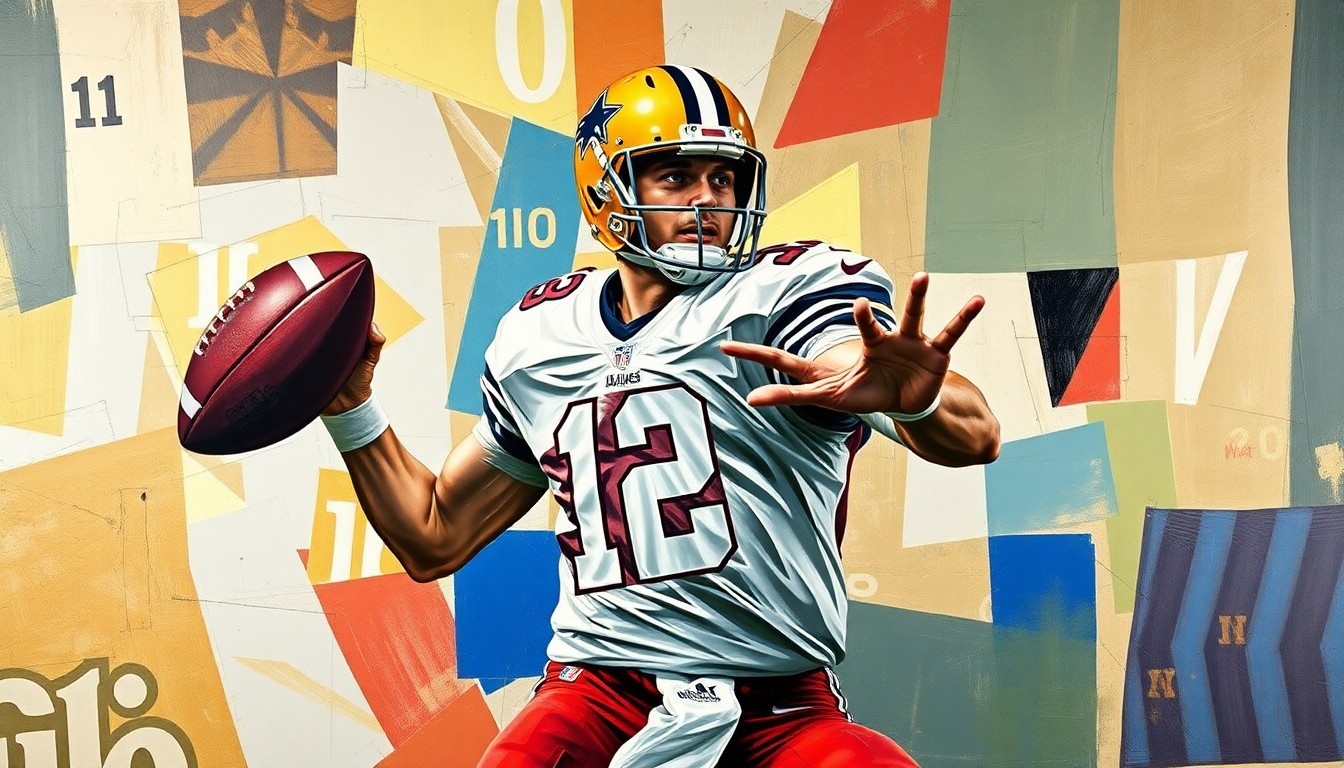 A cubist, geometric illustration depicting a quarterback's gameplay from multiple perspectives, with sharp, overlapping planes representing the various elements of quarterback evaluation that teams must consider.