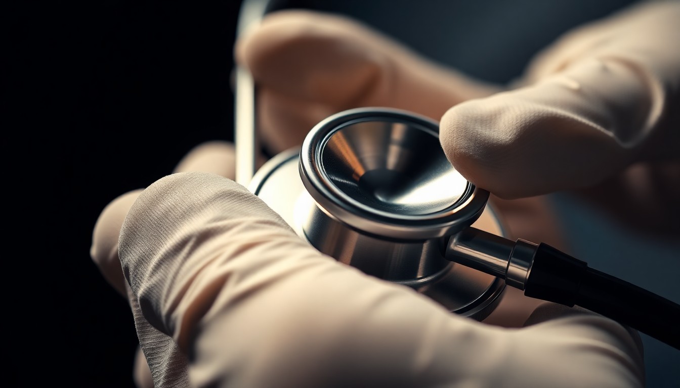 An extreme close-up of a medical instrument, such as a stethoscope or surgical gloves, captured in dramatic, high-contrast studio lighting, creating a glitzy, high-fashion aesthetic that conceptually represents the dramatic reveal in the TV show The Pitt.