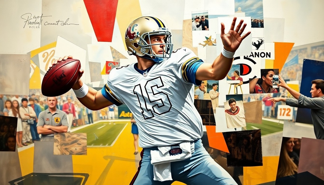 A cubist-style painting depicting a college football quarterback's throwing motion broken down into sharp, overlapping geometric shapes and planes, conveying the complex and competitive nature of the recruitment process.