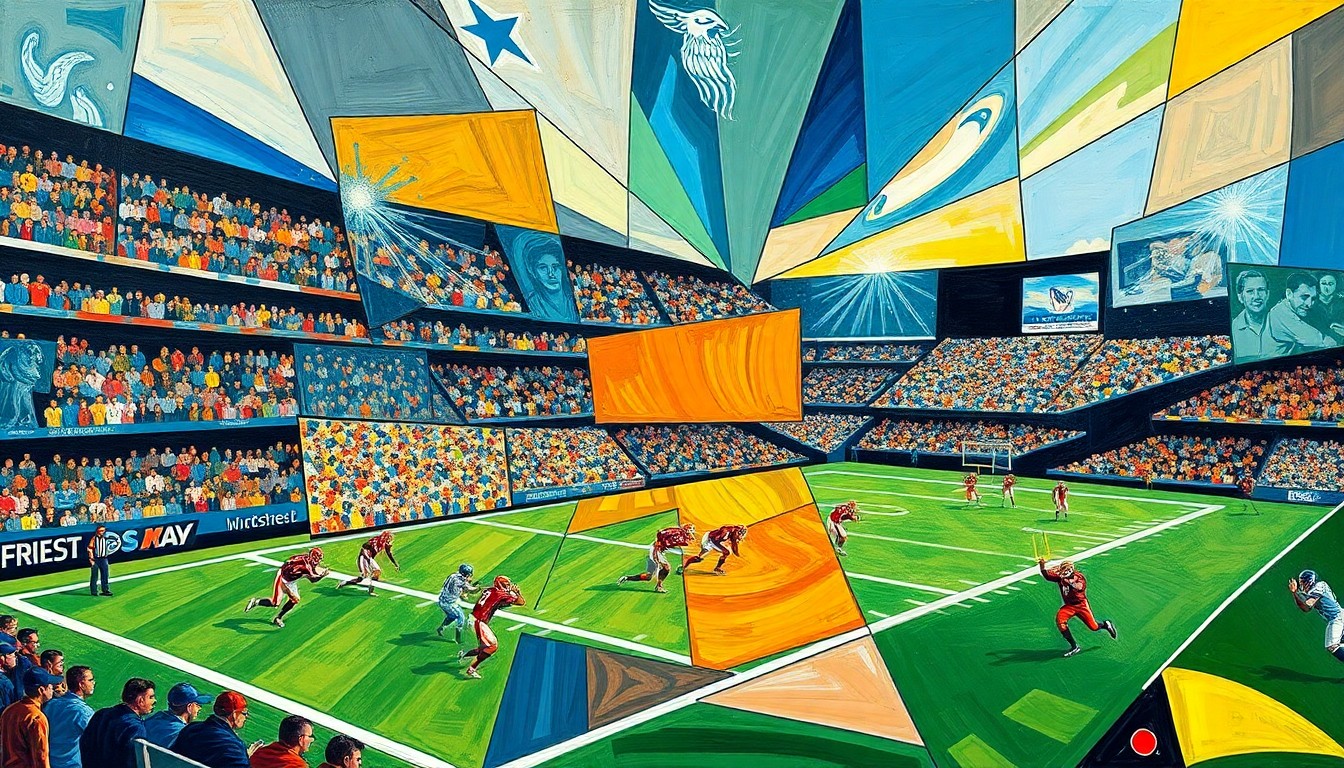A fragmented, geometric painting depicting various football-related elements, such as players, equipment, and field markings, all broken down into sharp, overlapping shapes and planes, capturing the complexity and dynamism of the NFL's offseason.