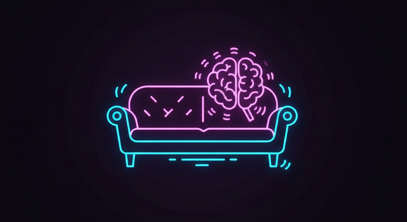A minimalist design in the style of Keith Haring, featuring glowing neon lines outlining the shape of a therapist's couch against a dark background, conceptually representing the challenges patients face in accessing mental health services.