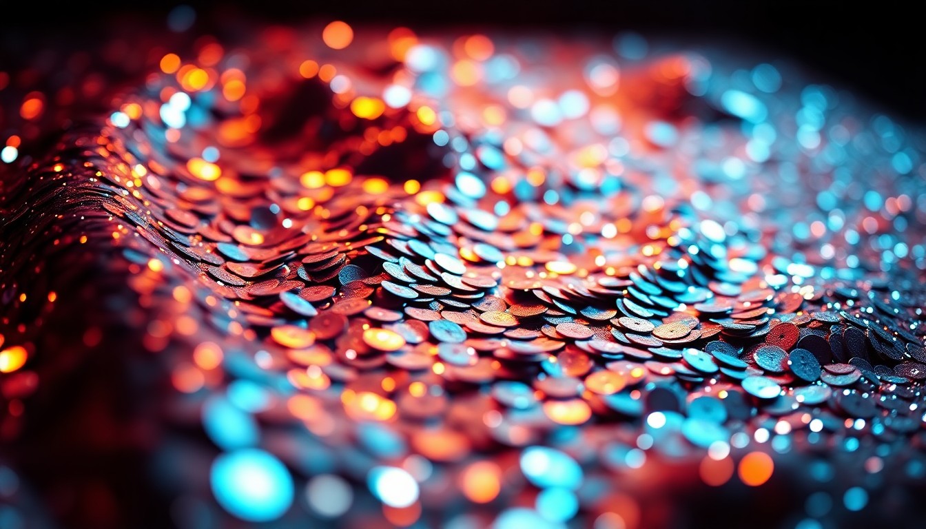 An abstract close-up image featuring a high-contrast, dramatic texture of shimmering sequins, conveying the luxurious and glitzy aesthetic of Hollywood celebrity.
