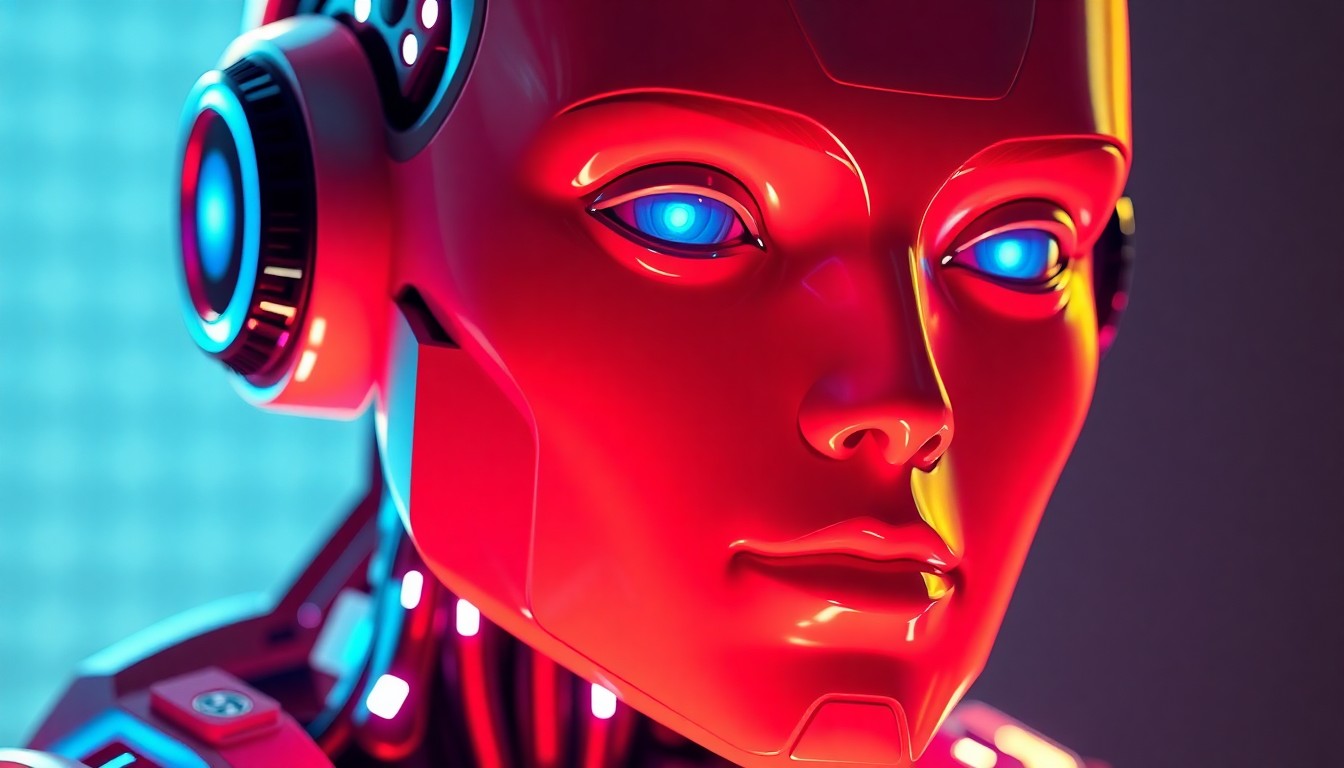 A highly detailed, glowing 3D macro illustration of a modular, humanoid robot with warm, lifelike silicone skin and subtle, expressive facial features, conceptually representing the advanced technology and customizable nature of an AI companion designed to mimic human attributes.