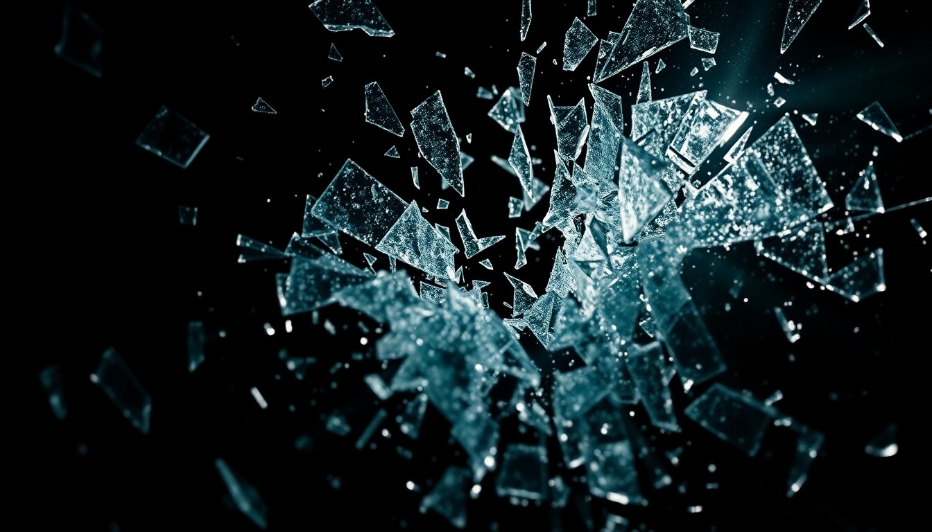 An extreme close-up of jagged, reflective shards of glass and twisted metal, conceptually illustrating the fragmented perspectives and unstable truths at the heart of the 'The Day' bank heist thriller.