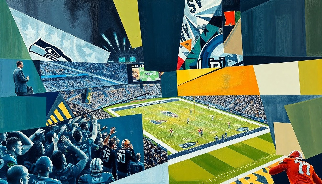 A cubist, geometric painting depicting a fragmented and overlapping scene of a football game or draft day event, with sharp planes of color and form representing the strategic decisions and energy of the Seattle Seahawks' 2026 draft.