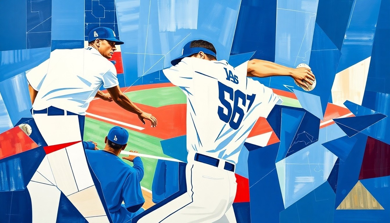 A cubist, geometric painting depicting a fragmented baseball player in motion, with sharp, overlapping planes of Dodger blue, white, and red, conceptually representing the strategic shift of a legendary player taking on a front office role.