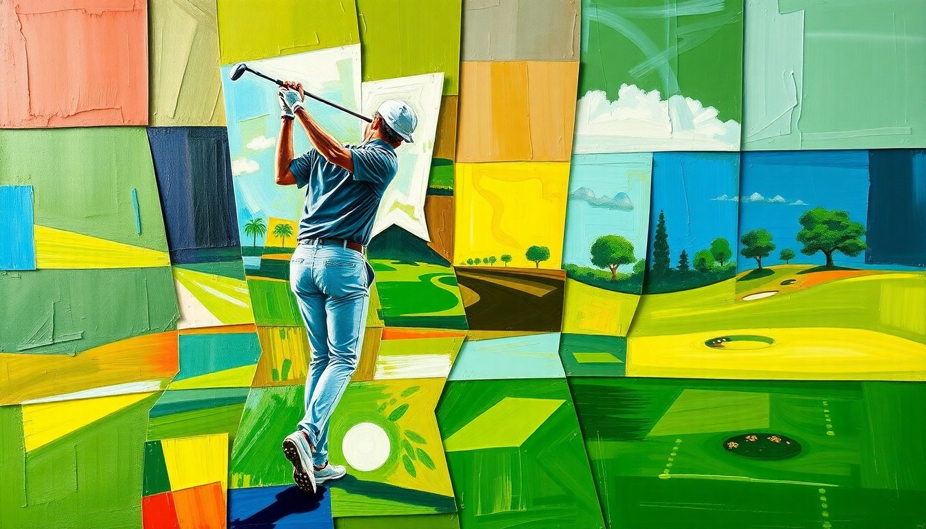 A cubist, geometric painting depicting a golfer's swing or a golf course scene, with sharp, overlapping planes of color in shades of green, blue, and brown, conveying the conceptual idea of the pressure and expectations facing a young golfer at a major championship.