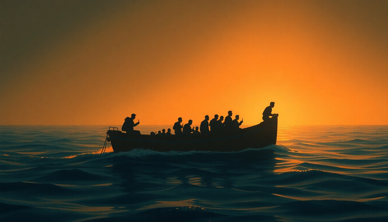 A serene, painterly depiction of a small boat carrying migrants crossing the English Channel, with the vessel's silhouette reflected in the calm waters and the surrounding landscape bathed in warm, golden light, conveying a sense of the perilous journey and the human stories behind the crisis.
