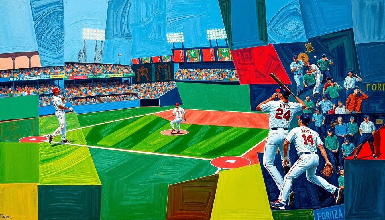 A cubist-style painting depicting a baseball game or players in action, broken down into overlapping geometric shapes and planes of vibrant navy, green, and red colors, conceptually representing the White Sox's strategic roster overhaul.