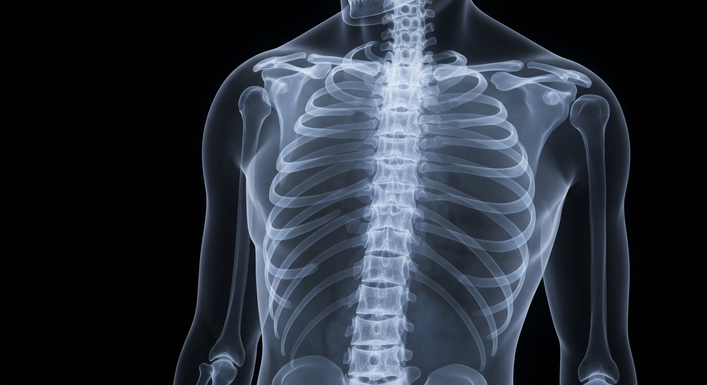 A ghostly, translucent X-ray photograph of a human skeleton, with the bones glowing faintly against a dark background, conceptually illustrating the importance of vitamin D for bone health.