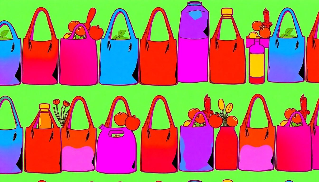 A brightly colored, high-contrast silkscreen print of various natural grocery items like produce, herbs, and beauty products, repeated in a tight grid pattern to create a modern pop art representation of the community-focused values of Rainbow Grocery Cooperative.