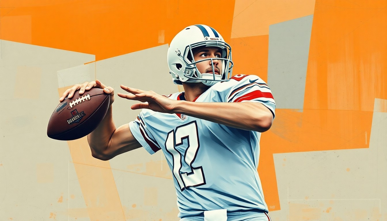 A cubist-style painting depicting a quarterback's throwing motion broken down into sharp, overlapping geometric shapes in muted tones of orange, blue, and grey, conveying the complexity and unpredictability of Nelson's journey.