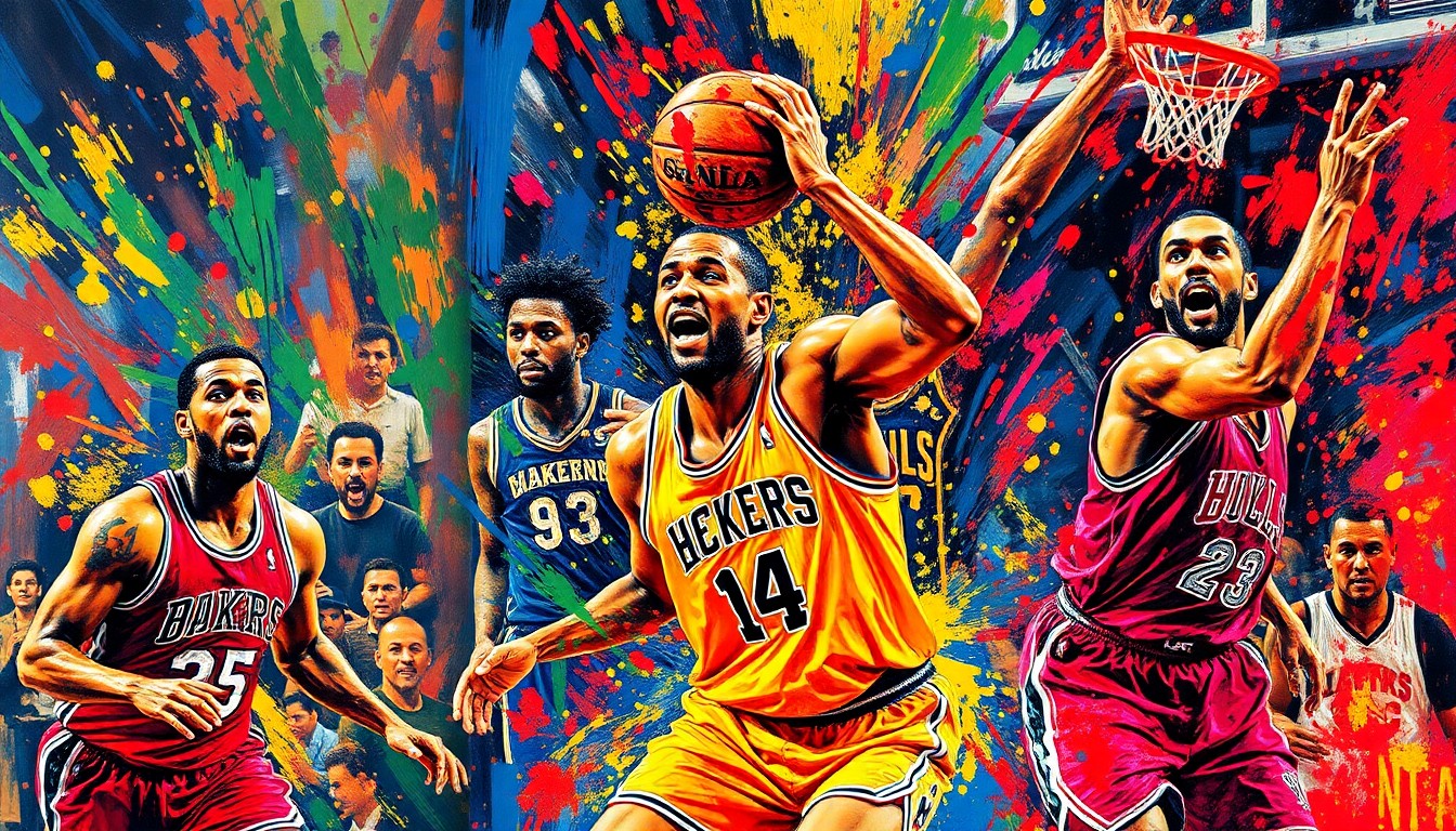 An abstract, expressionist painting in vibrant neon colors, capturing the frenetic energy and movement of a high-intensity NBA basketball game, with players' forms and jerseys dissolving into unrecognizable brushstrokes.