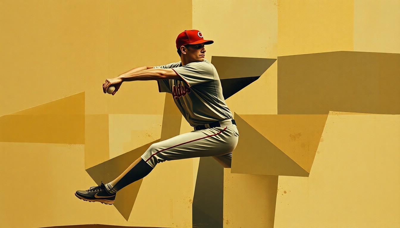 A fragmented, geometric painting depicting a baseball pitcher's windup and delivery, with sharp, overlapping planes in muted earth tones conveying the challenges of perfecting the knuckleball pitch.