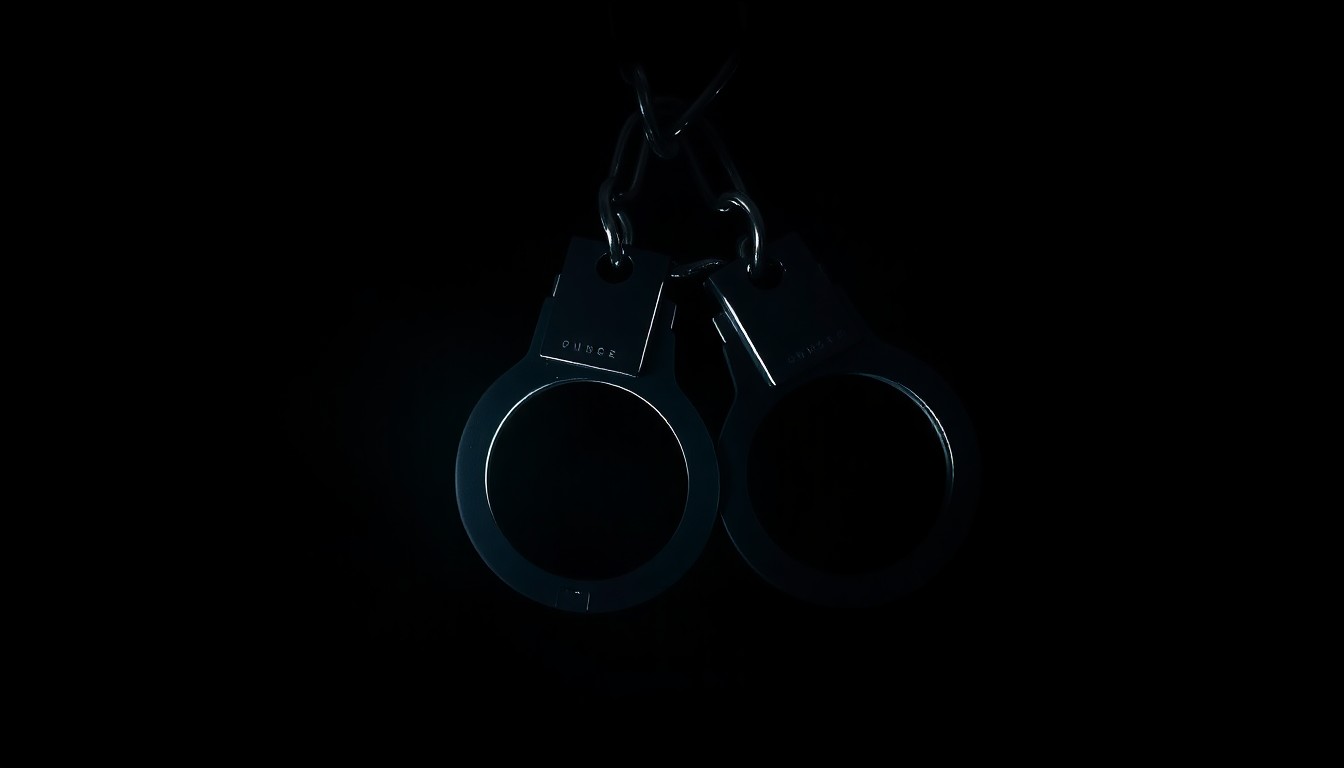 An extreme close-up photograph of a set of handcuffs against a pitch-black background, lit by a harsh, direct camera flash, creating a stark, gritty, investigative aesthetic.