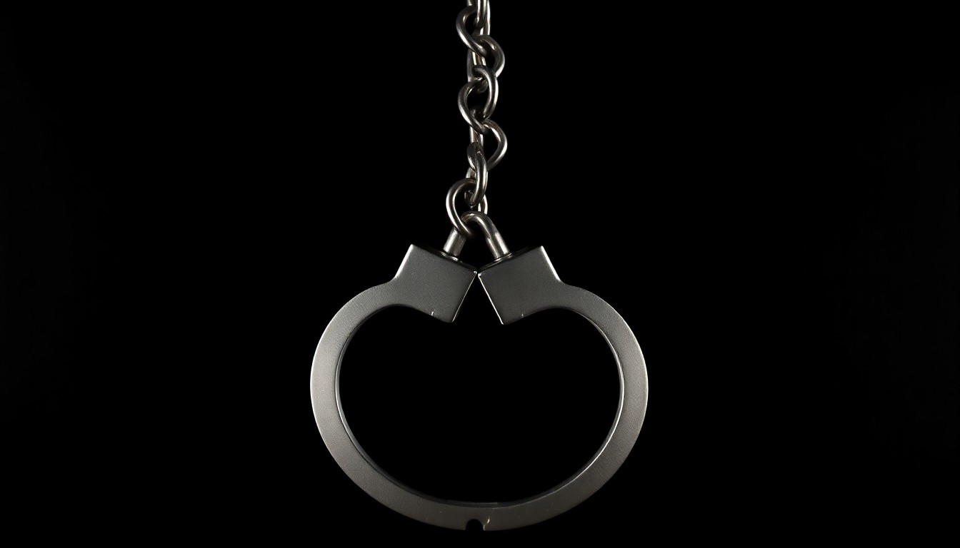 An extreme close-up photograph of a pair of metal handcuffs against a completely black background, the harsh lighting creating dramatic shadows and textures to convey a sense of the serious, investigative nature of the crime.