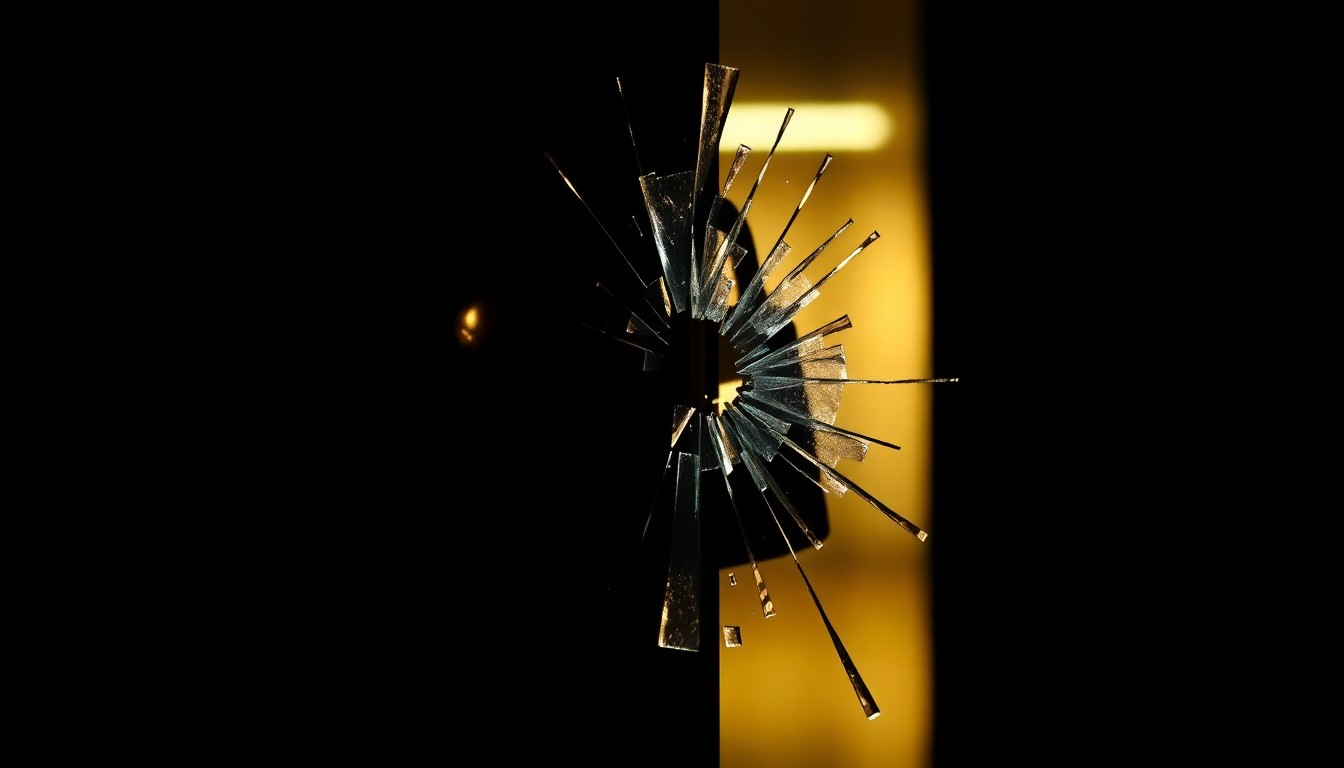 An extreme close-up photograph of a broken lock or shattered glass from a business entrance, capturing the stark, gritty aftermath of a break-in attempt.
