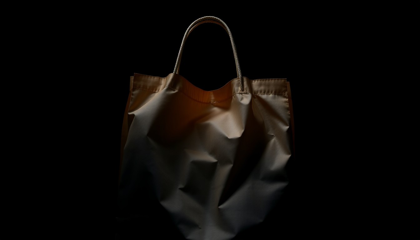 An extreme close-up photograph of a crumpled, empty shopping bag against a pitch-black background, lit by a harsh, direct camera flash, conceptually representing the physical evidence of a shoplifting crime.