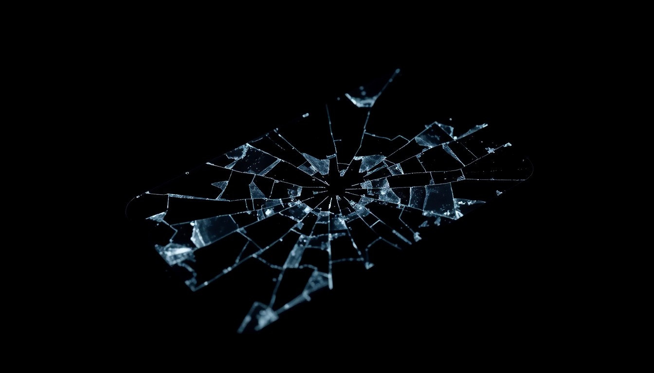 An extreme close-up of a broken cell phone screen, with jagged edges and distorted glass, creating a stark, gritty, investigative aesthetic.