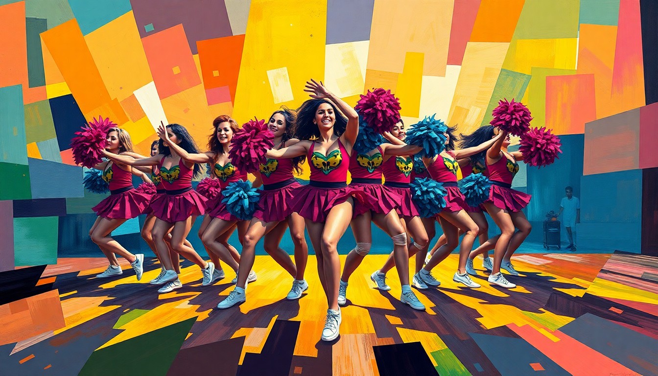 A fractured, geometric painting in vibrant colors depicting a Sugar Skulls Dance Team performance, with sharp, overlapping planes capturing the energy and movement of the dancers.