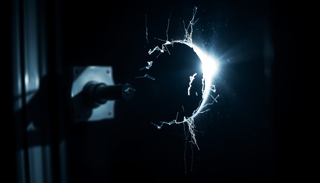 An extreme close-up photograph of a broken window lock, capturing the harsh, gritty details of the damaged security device in stark contrast against a pitch-black background, conceptually representing the violation of private property.
