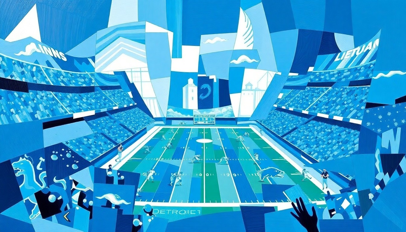 A cubist, geometric painting depicting a Detroit Lions football game, with sharp, overlapping planes of blue and silver colors representing the team's official colors.