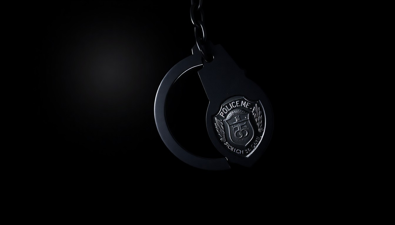 An extreme close-up photograph of a police officer's badge or handcuffs against a stark, black background, lit by a harsh, direct camera flash, conceptually representing the increased law enforcement presence and crackdown on crime in the Fremont Street area.